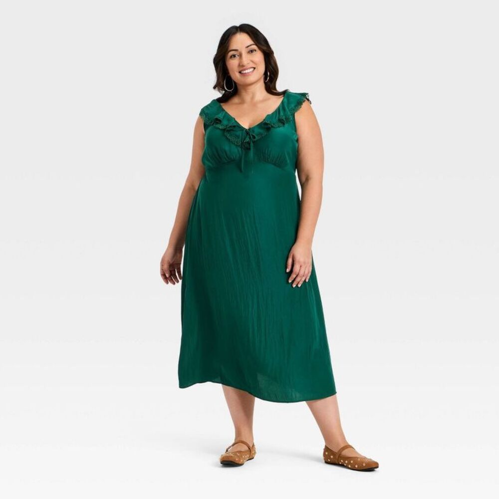 Open Box - Universal Thread - Women's Ruffle Lace Midi A-Line Dress - Green